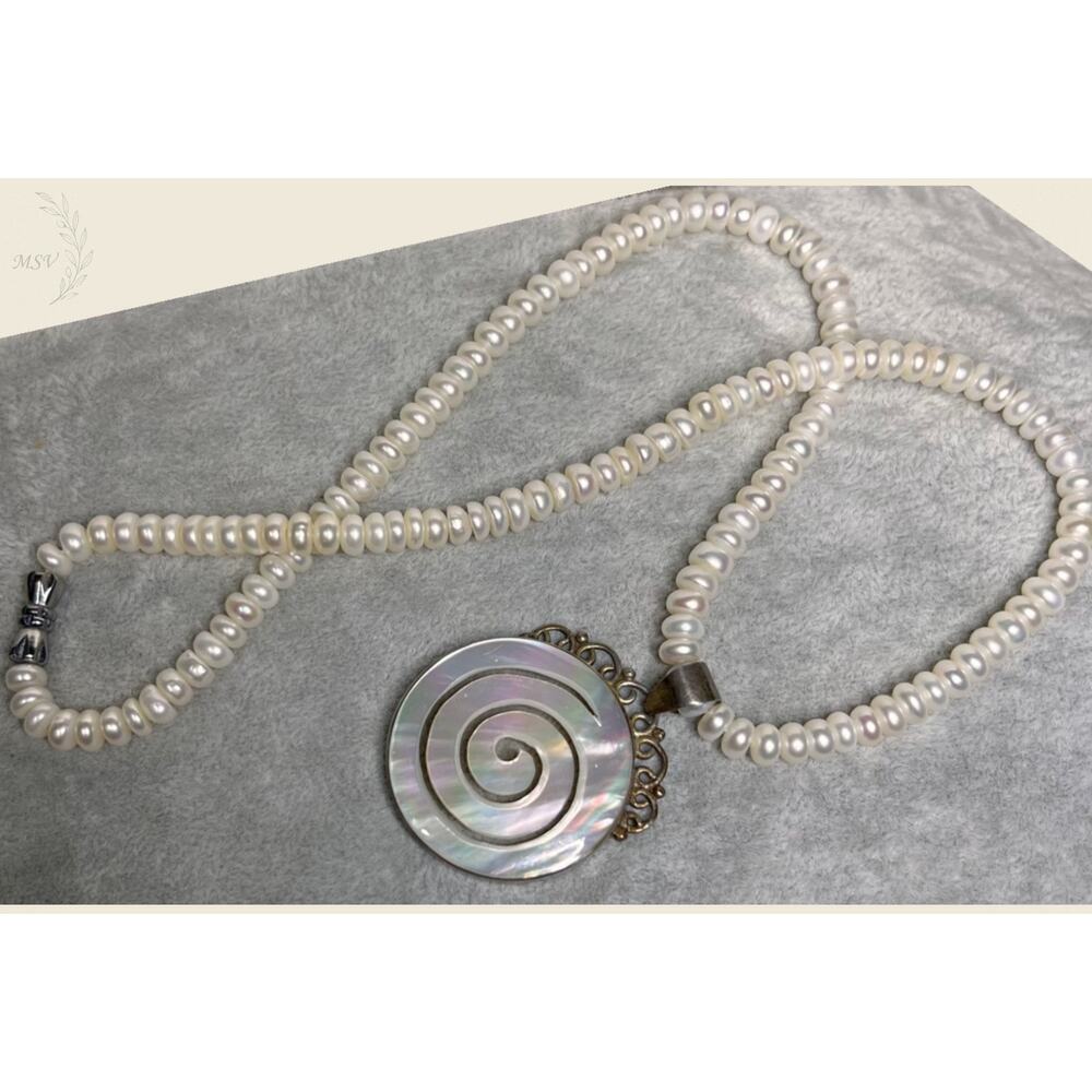 Freshwater Pearl Necklace 17” Removable MOP Spiral Pendant